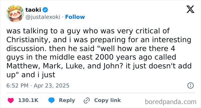 Social media post showcasing British humour with a funny take on historical names and critical discussions.