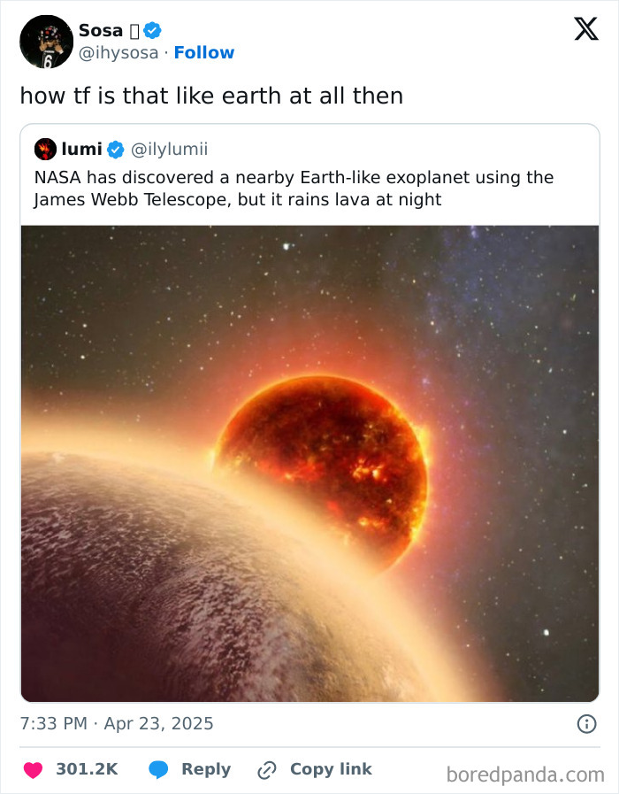 Meme mocking a NASA discovery of an Earth-like exoplanet with lava rain, featuring a humorous social media reaction.