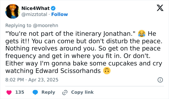 Tweet from user Nice4What replying with a man&rsquo;s take on why women love being alone and seeking peace and solitude.