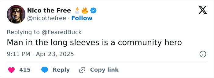 Twitter post showing user calling a man in long sleeves a community hero confronting creepy influencer secretly filming woman. Twitter post showing user calling a man in long sleeves a community hero confronting creepy influencer secretly filming woman.