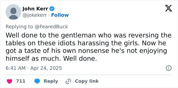 Tweet praising a hero confronting a creepy influencer secretly filming a woman with smart glasses, calling it well done. Tweet praising a hero confronting a creepy influencer secretly filming a woman with smart glasses, calling it well done.