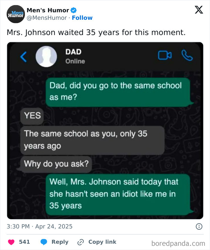 Text message meme about a dad and child discussing school, showcasing a silly and relatable moment from spicy memes.