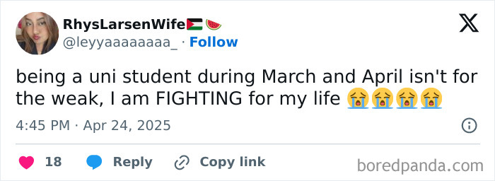 Tweet from a student describing the struggle of university life during March and April with crying emojis, relatable student meme content.