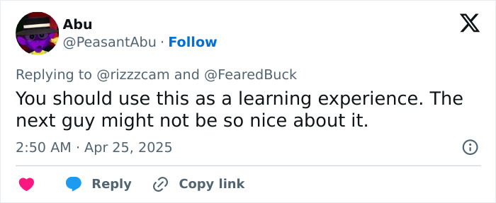 User reply on social media warning about confronting a creepy influencer secretly filming a woman with smart glasses. User reply on social media warning about confronting a creepy influencer secretly filming a woman with smart glasses.