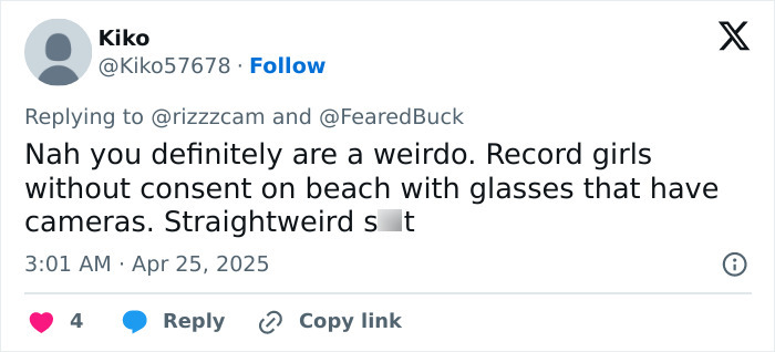 Tweet criticizing a creepy influencer secretly filming women at the beach using smart glasses without consent. Tweet criticizing a creepy influencer secretly filming women at the beach using smart glasses without consent.