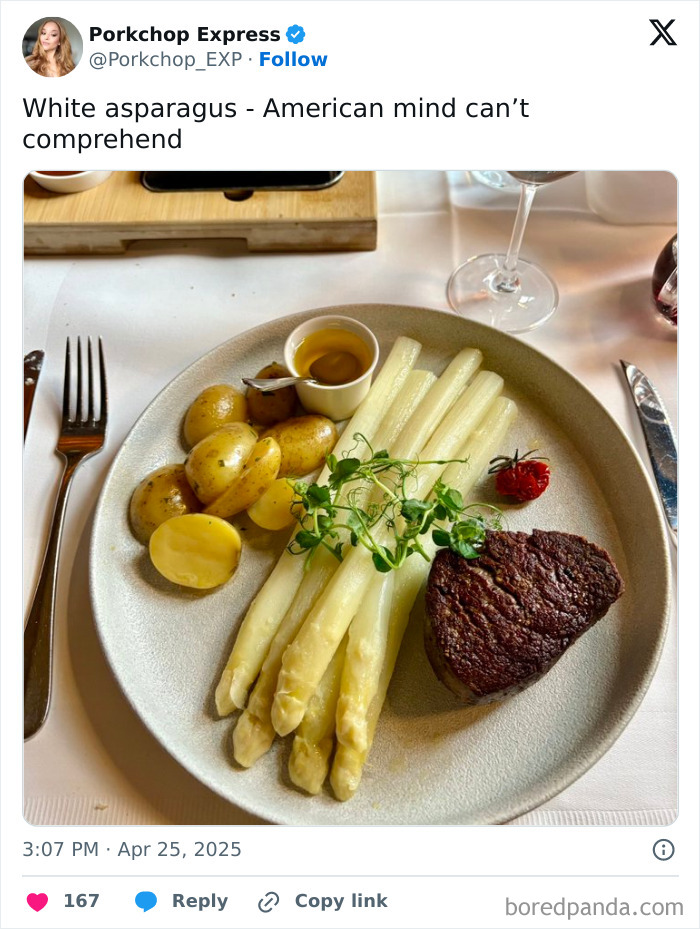 Plate with white asparagus, potatoes, steak, and sauce, showcasing a dish that confuses the American mind.