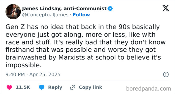 Tweet mocking Gen Z for failing to understand 90s racial tolerance, illustrating rose tinted tolerance and nostalgia mockery online.