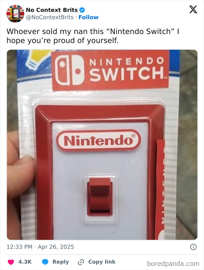 Packaging of a fake Nintendo Switch light switch held by a person, showcasing British humor and comedy posts.
