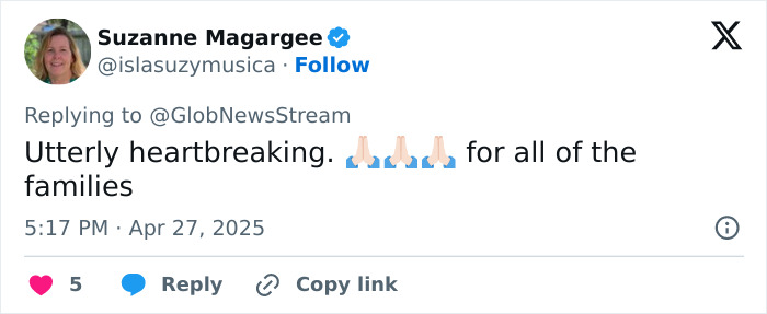 Tweet expressing heartbreak and prayers for families after Vancouver attack involving Hallmark actor&rsquo;s loss and child injury.