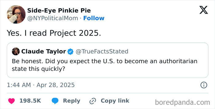 Twitter user reacts to political situation, sharing opinions as people express frustration online with current politics.