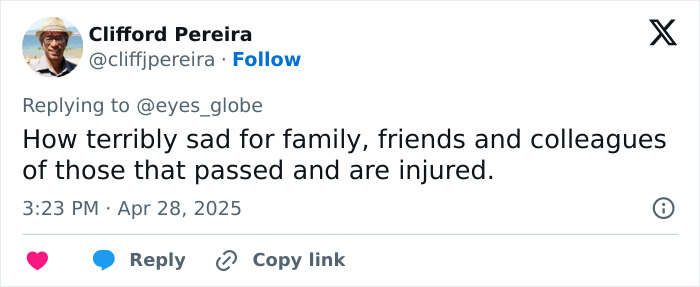 Tweet by Clifford Pereira expressing sadness for family, friends, and colleagues after Vancouver attack injures child and causes loss.