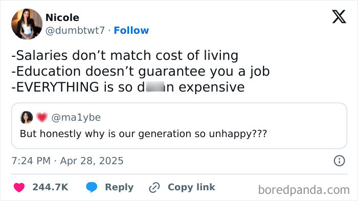 Online post expressing frustration about political situation, high costs, and job uncertainty shared by a young user.