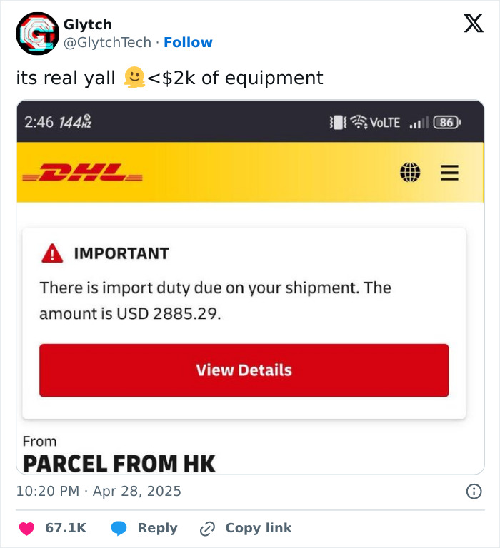 Import duty notification on shipment shows high tariffs costing regular Americans over two thousand dollars.