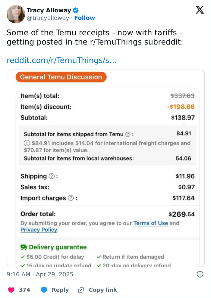 Screenshot of a Temu order receipt showing high tariffs and import charges impacting regular Americans’ payments.