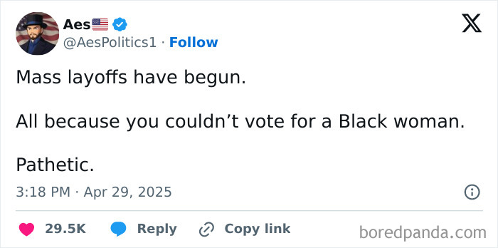 Tweet on political situation and mass layoffs, showing public frustration and opinions shared online.