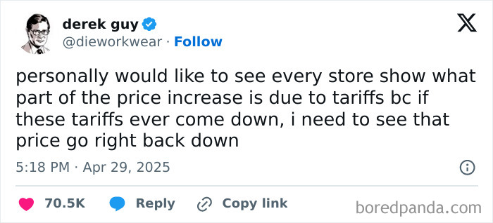 Tweet expressing frustration with tariffs and price increases, reflecting people's views on the current political situation online.