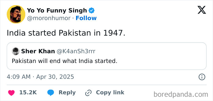 Tweet about political tensions between India and Pakistan, reflecting what people think online in the current political situation.