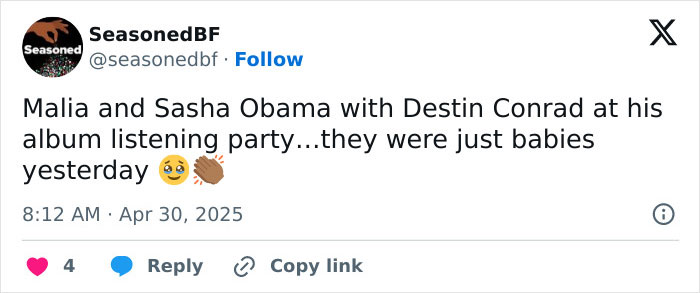 Malia and Sasha Obama posing with Destin Conrad at an album listening party, showcasing Sasha’s figure beside Malia. Malia and Sasha Obama posing with Destin Conrad at an album listening party, showcasing Sasha’s figure beside Malia.