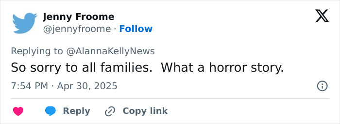 Tweet by Jenny Froome expressing sympathy for families affected by the Vancouver attack involving Hallmark actor&rsquo;s loss.