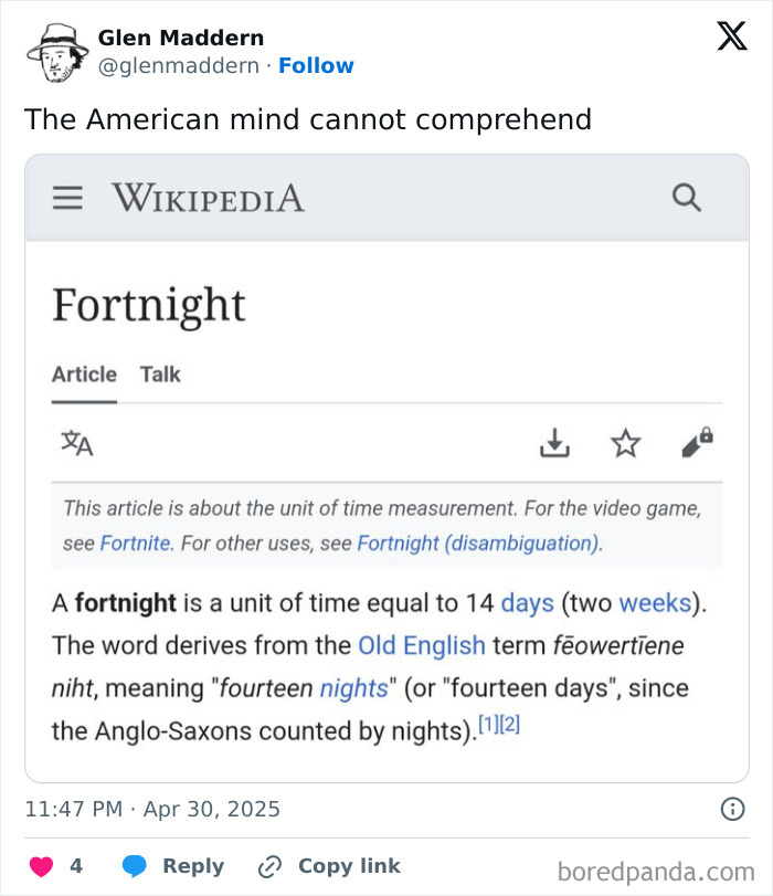 Wikipedia page showing fortnight defined as 14 days, highlighting confusing time measurement for the American mind.