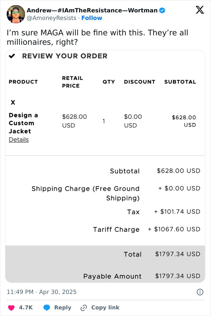 Receipt showing high tariff charges increasing total cost to $1797, illustrating impact of tariffs on regular Americans.