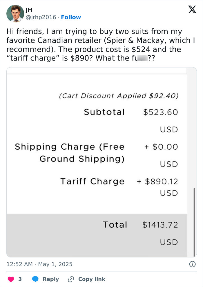 Twitter post showing a receipt with a high tariff charge and total cost, highlighting impact of tariffs on regular Americans.