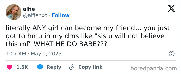 Tweet from user alfienxo humorously highlighting women struggles in social connections and friendship requests on social media.