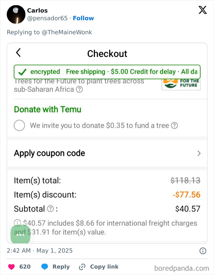 Checkout screen showing high tariffs reflected in international freight charges paid by regular Americans.