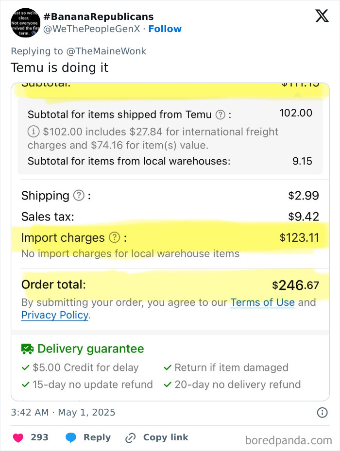 Receipt showing high import charges on an online order highlighting the impact of tariffs on regular Americans.