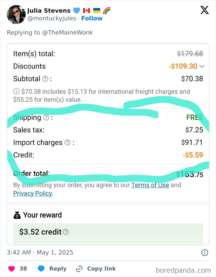 Receipt showing import charges and sales tax highlighting the cost impact of high tariffs on regular Americans