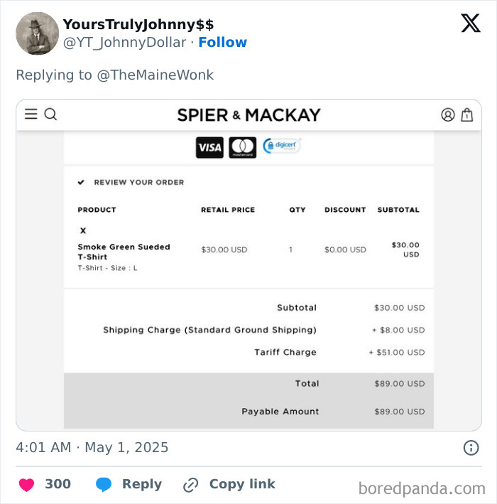 Online receipt showing a tariff charge added to a clothing purchase, highlighting high tariffs impacting regular Americans.