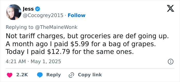Tweet from Jess discussing rising grocery prices and the impact of high tariffs on regular Americans' expenses.