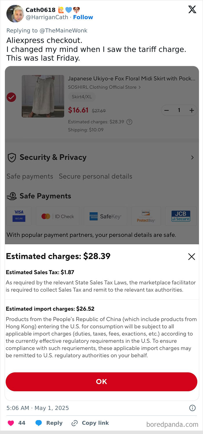 Screenshot of an online checkout showing import charges and sales tax highlighting impact of high tariffs on regular Americans.