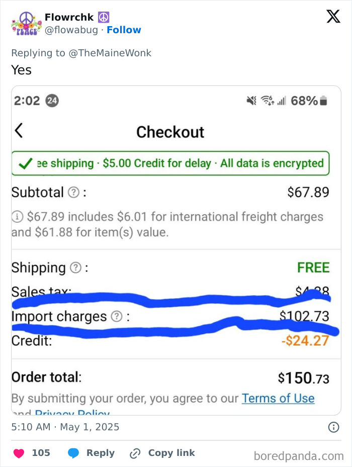 Checkout screen showing high import charges contributing to Americans paying the price of high tariffs on orders