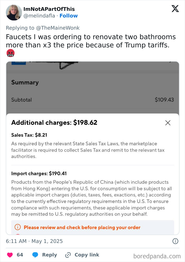 Tweet showing increased faucet renovation cost with $190 import charges due to high tariffs impacting regular Americans.