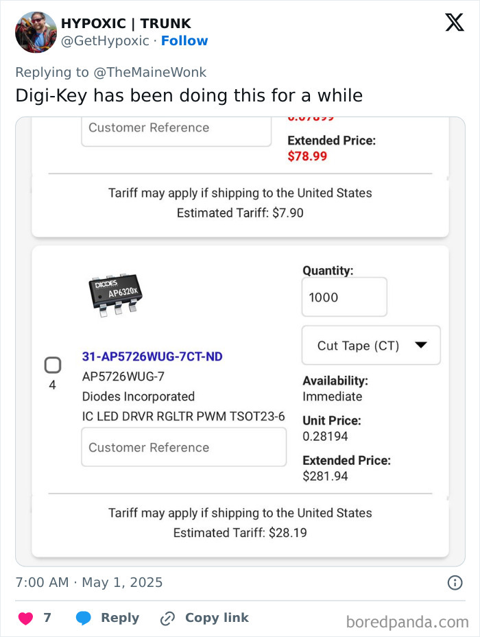 Screenshot showing estimated tariffs on electronic components purchased from Digi-Key, highlighting impact of high tariffs on regular Americans.