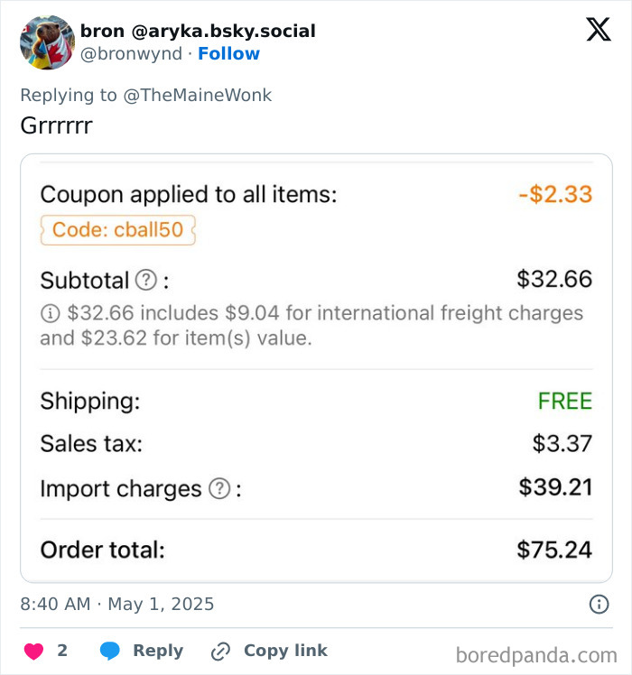 Receipt showing high import charges contributing to the total cost, highlighting impact of high tariffs on Americans.