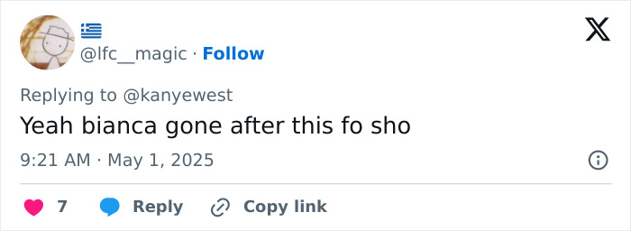 Screenshot of a social media reply discussing Kanye West being subservient to Bianca Censori.