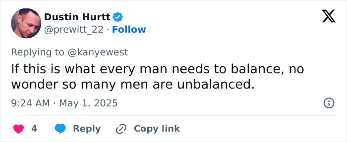 Tweet reply to Kanye West about men needing balance, referencing Kanye West being subservient to Bianca Censori.
