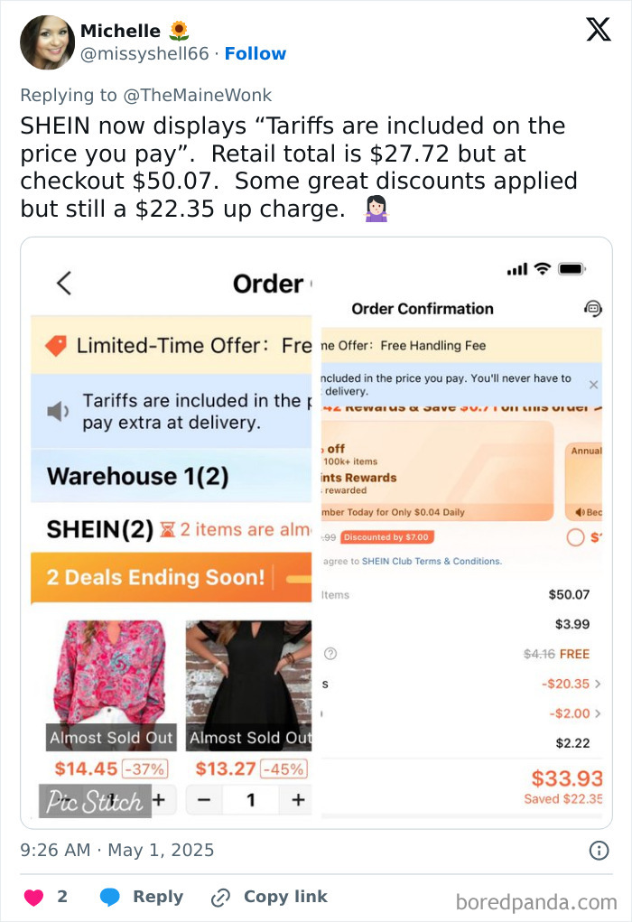 Tweet showing receipts from SHEIN with item prices and extra charges highlighting impact of high tariffs on regular Americans.