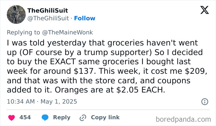 Tweet showing rising grocery prices with receipts, highlighting how regular Americans face the impact of high tariffs.