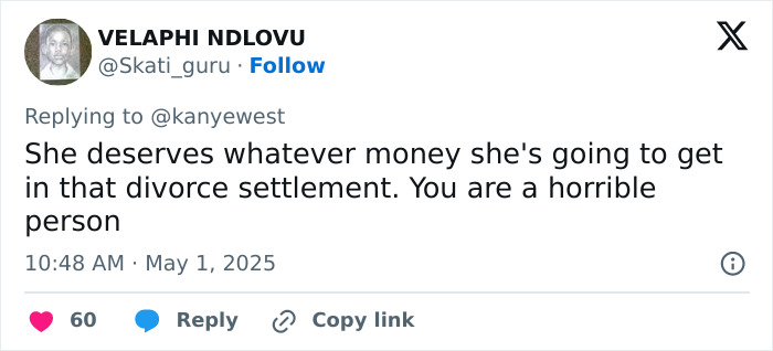 Tweet reply criticizing Kanye West about divorce settlement involving Bianca Censori, referencing subservient and master keywords.