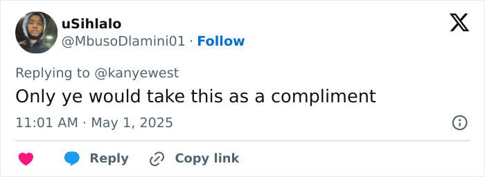 Screenshot of a Twitter reply to Kanye West&rsquo;s post about being subservient to Bianca Censori&rsquo;s master.