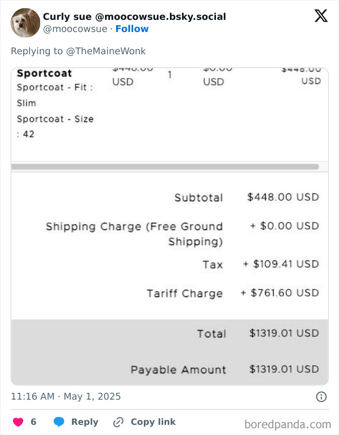 Receipt showing a high tariff charge contributing to the increased cost paid by regular Americans.