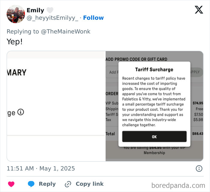 Tariff surcharge notice on online order highlighting the cost impact of high tariffs on regular Americans.