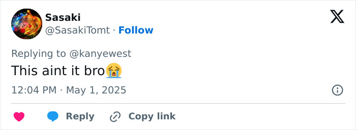 Twitter user Sasaki responds to Kanye West&rsquo;s post about being subservient to Bianca Censori&rsquo;s master.