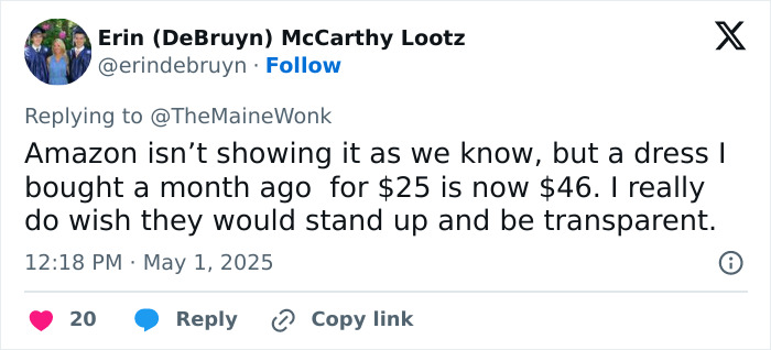 Tweet screenshot showing a user discussing higher prices due to tariffs affecting regular Americans paying the price.