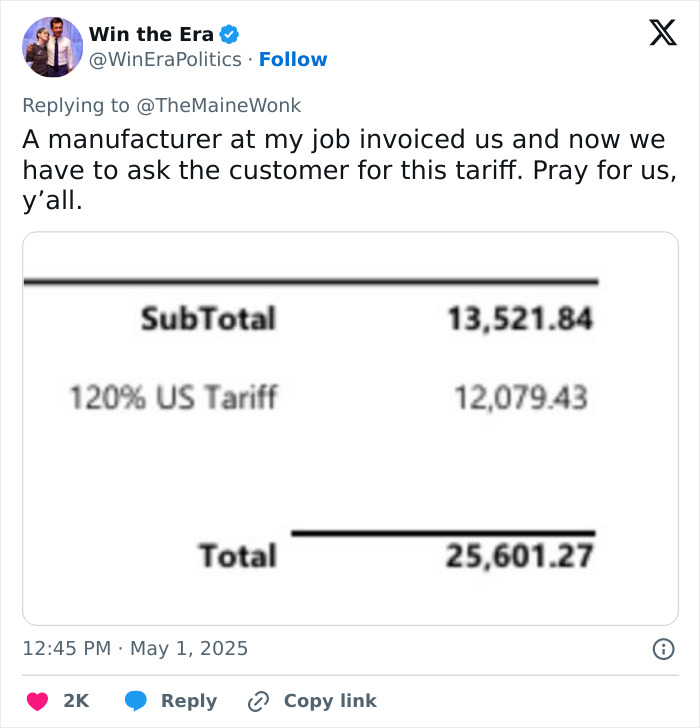 Invoice showing a 120% US tariff included, illustrating the impact of high tariffs on regular Americans.