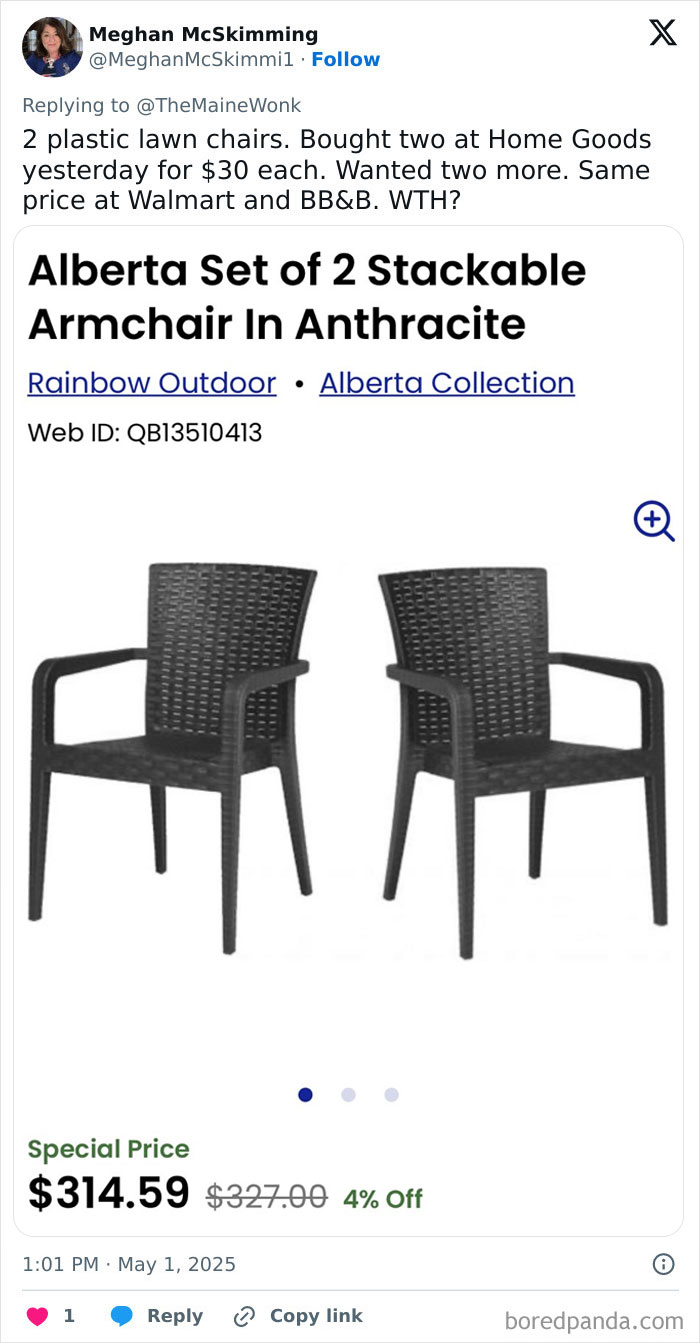 Two black stackable plastic armchairs priced at $314.59 showing impact of high tariffs on regular Americans.