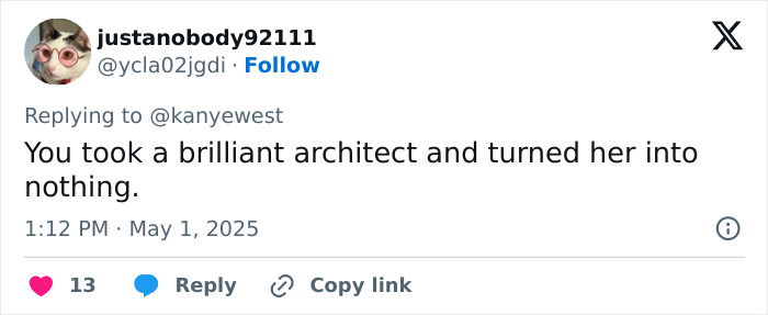 Screenshot of a Twitter reply discussing Kanye West and Bianca Censori in a conversation about being subservient.